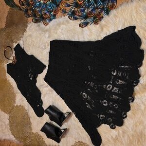 Chic Black Crochet Asymetrical 2 Piece Midi Skirt Set Size M